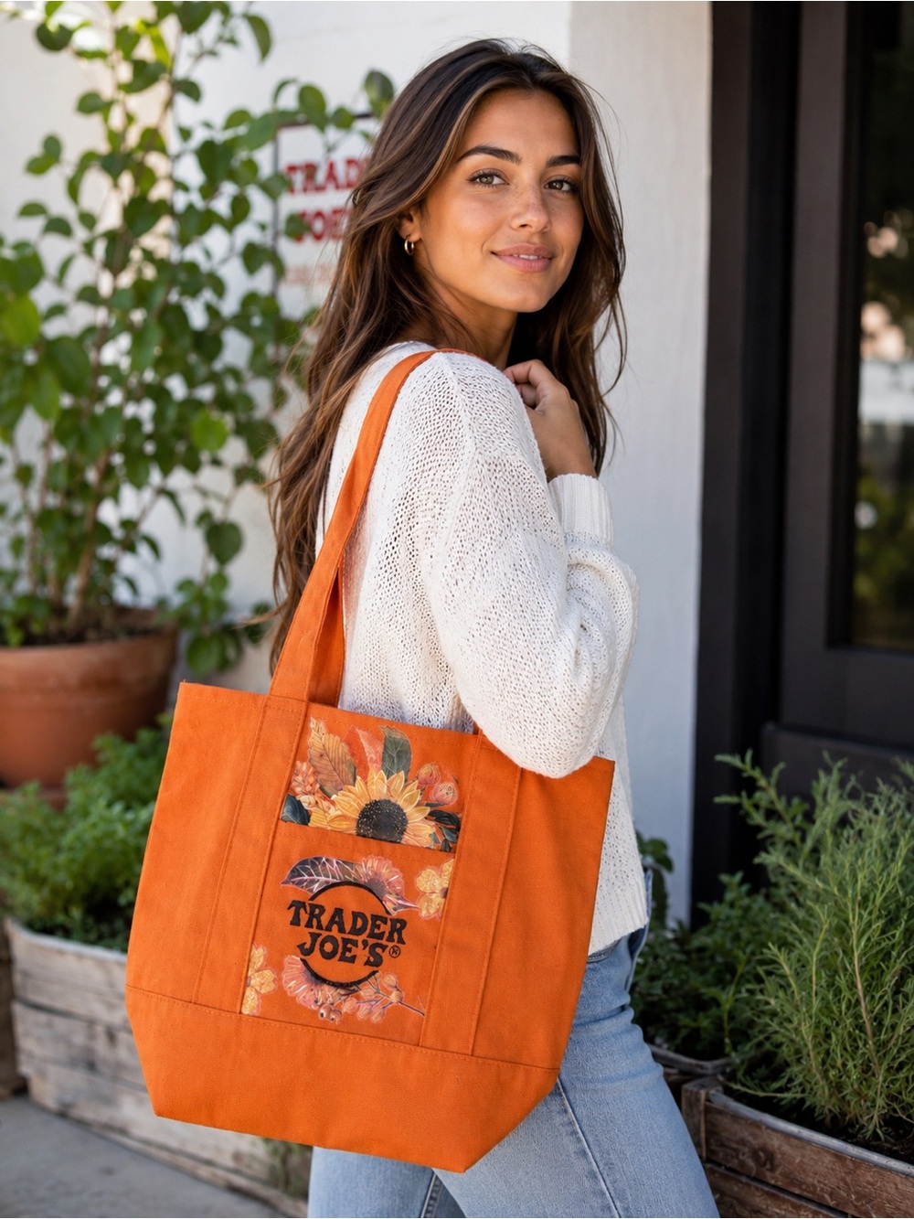 Orange Floral Canvas Tote Bag